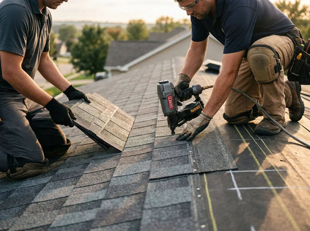 Professional roofer working on a residential roof in Morrisville